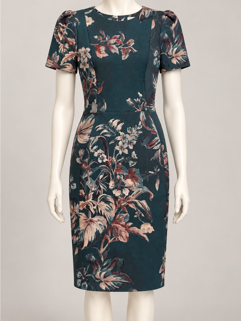 Calvin Klein Floral Midi Sheath Dress in Teal, Rose, Cream